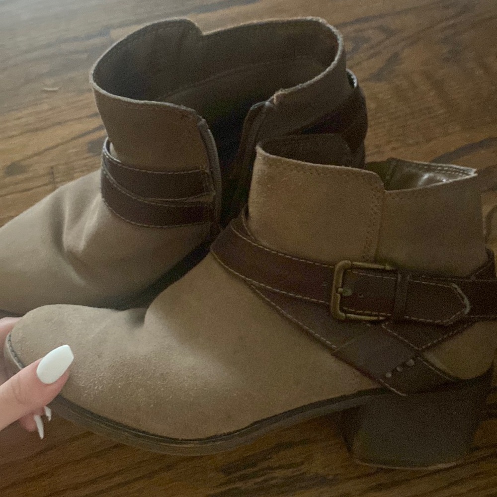 brown leather and fur ankle boots